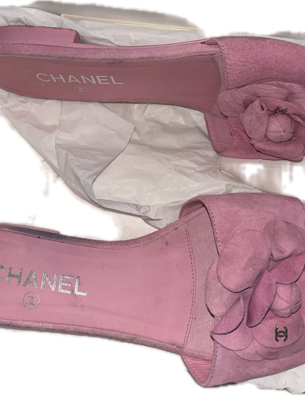 CHANEL Pink Suede Camellia Slide Mules